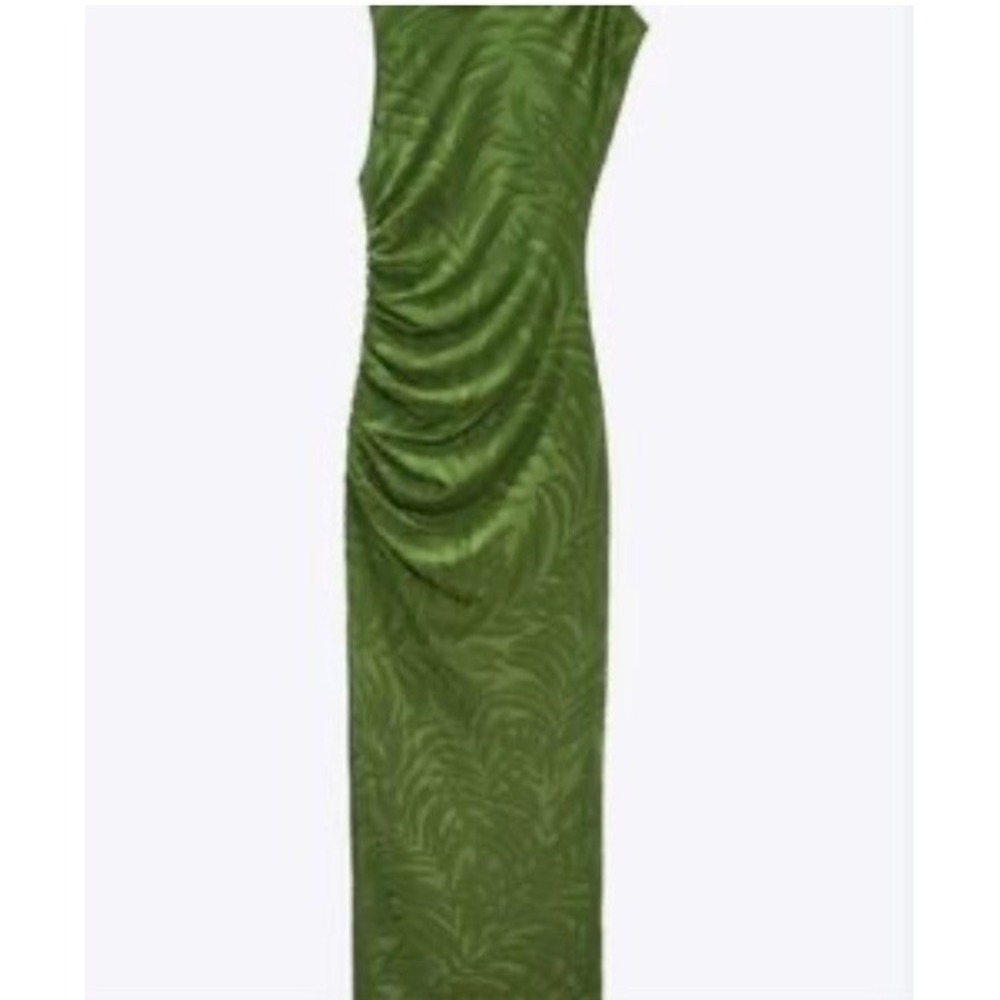 Zara Green Palm Leaves  Long Sleeve Ruched Side Tubular Midi Dress Sz Med - Picture 11 of 13